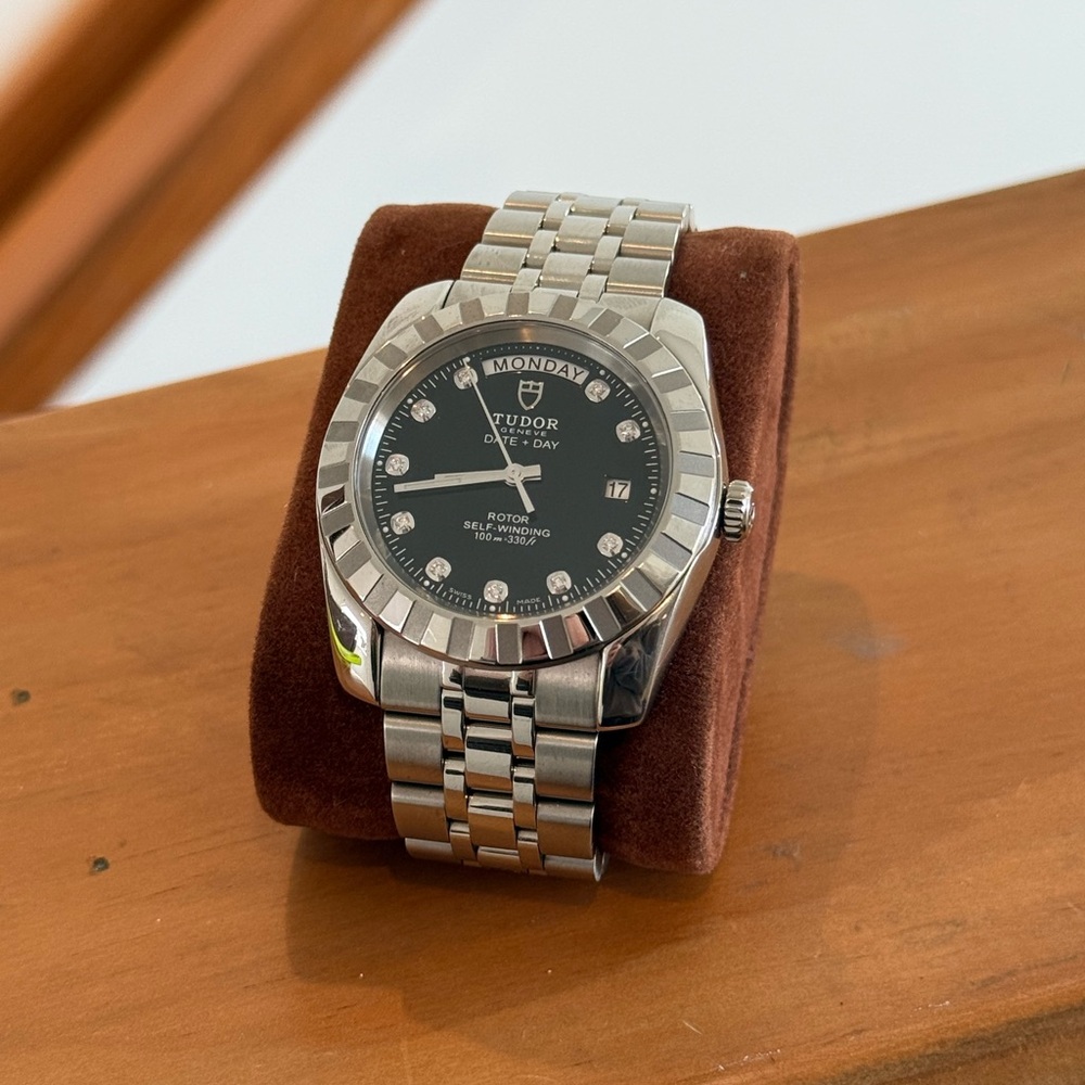 Tudor Silver and Black Luxury Watch with Jubilee Bracelet